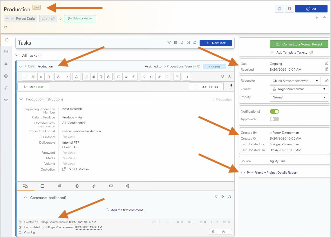 Project management interface displaying tasks, details, and user assignments for production.